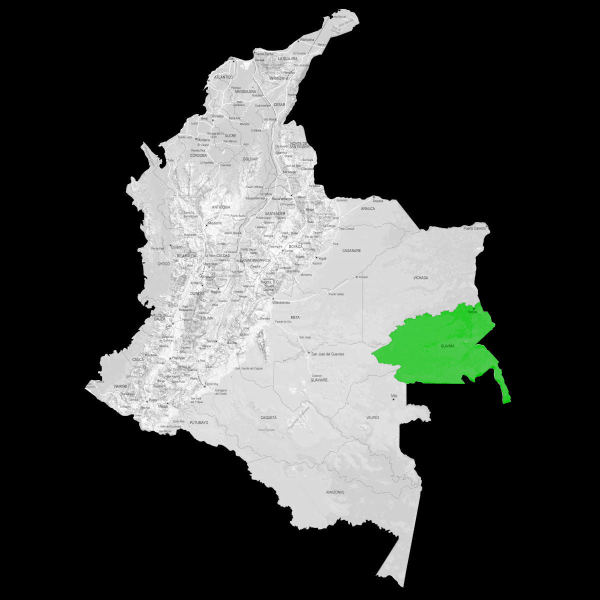 mapa fisico del departamento del Guainia